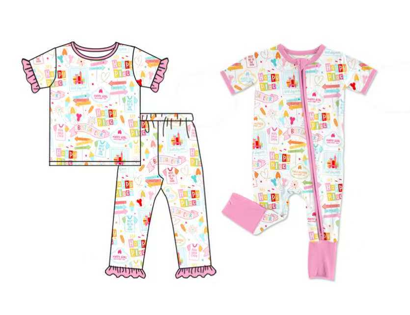 Preorder moq 5 (each item)Baby Girls Balloons Cakes Happy Birthday Ruffle Pajamas Sets Zipper Rompers