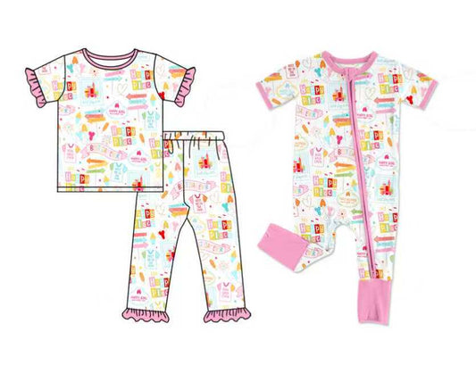 Preorder moq 5 (each item)Baby Girls Balloons Cakes Happy Birthday Ruffle Pajamas Sets Zipper Rompers