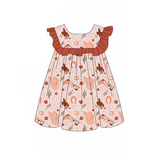 Preorder (moq 5)Baby Girls Dark Red Horse Rodeos Cactus Knee Length Dresses