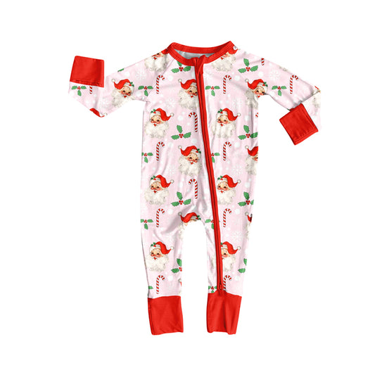 Preorder (moq 5)Baby Girls Long Sleeves Red Santa Candy Cane Zipper Pant Rompers