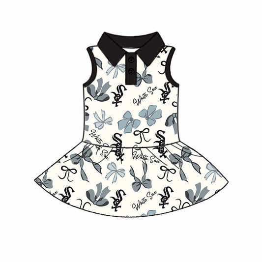 Preorder (moq 5)Baby Girls Black Sleeveless Bows Plaid White Sox Button Team Knee Length Dresses