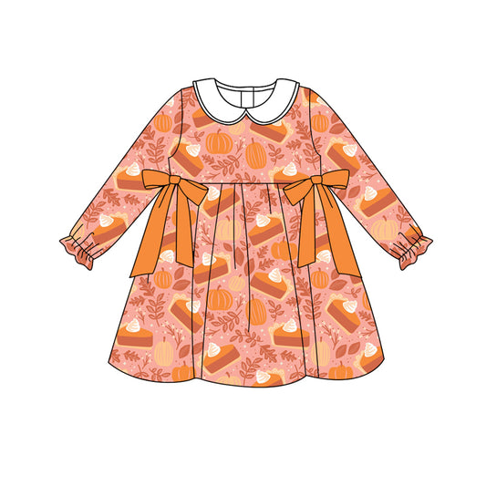 Preorder (moq 5)Baby Girls Peach Long Ruffle Sleeves Pie Pumpkins Bows Knee Length Dresses
