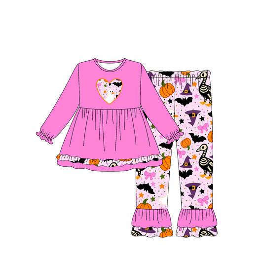 Preorder (moq 5)Baby Girls Pink Long Ruffle Sleeves Ghosts Pumpkins Hearts Tunic Pants Set