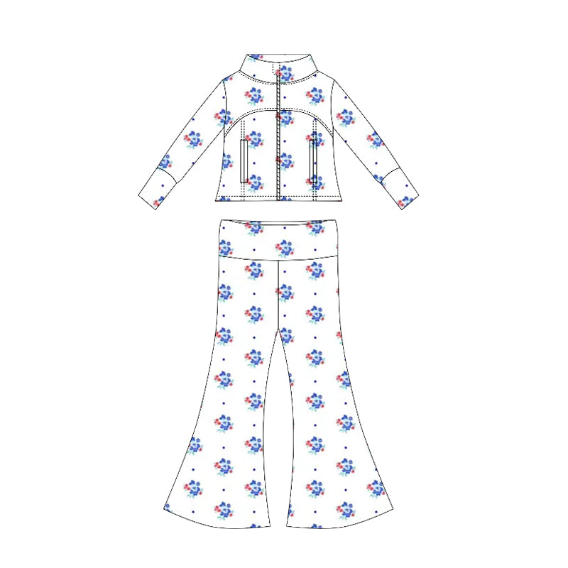 Preorder moq 10 Baby Girls Long Sleeves Blue Flowers Polka Dots Pockets Zipper Top Bell Bottom Pant Set
