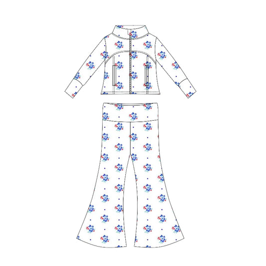 Preorder moq 10 Baby Girls Long Sleeves Blue Flowers Polka Dots Pockets Zipper Top Bell Bottom Pant Set