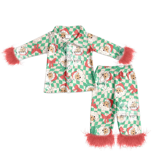 preorder(MOQ 5)Baby Girls Christmas Santa Bows Fur Top Pants Pajamas
