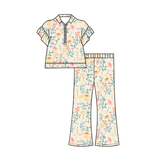 Preorder (moq 5)Baby Girls Colorful Flowers Zip Pullovers Flare Pants Clothes Sets