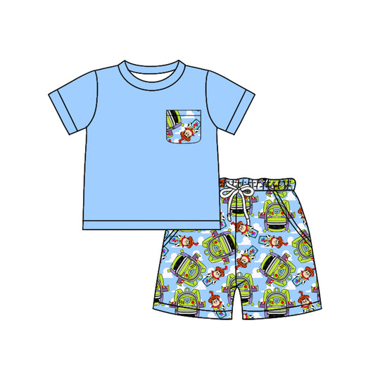 Preorder (moq 5)Baby Boys Blue Cartoon Pocket Top Shorts Clothes Sets