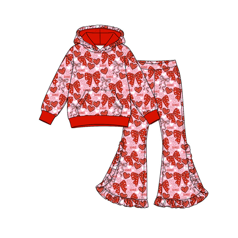 Preorder (moq 5) Girls’ Fall Red Hooded Long-Sleeve Bow & Heart Ruffle Flare Pants Print Set | Matching Sister & Family Outfits