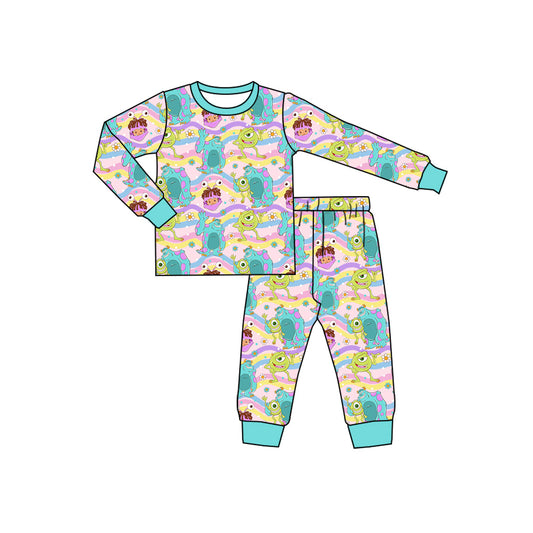 Preorder(moq 5) Baby Girls Cartoon Monsters Stripe Top Pants Pajamas Sets