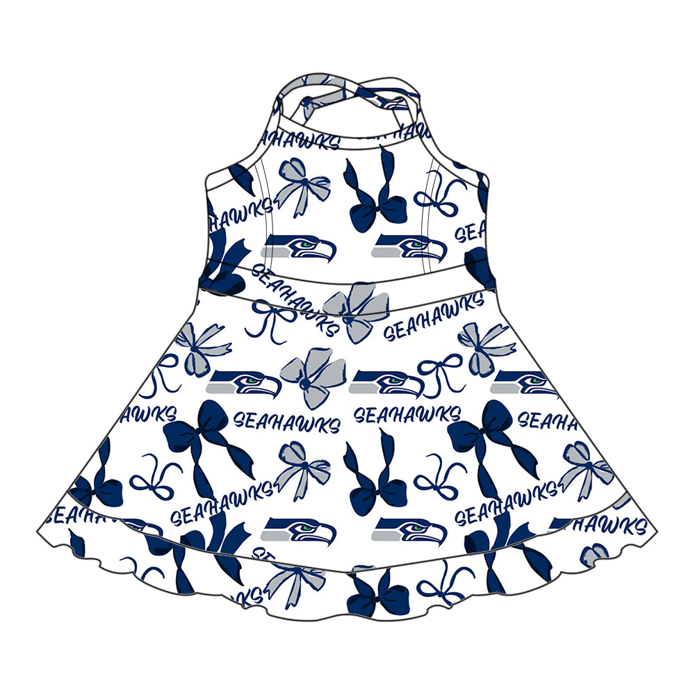 Preorder (moq 5)Baby Girls Strap Bows Plaid Seahawks Short Ruffle Team Knee Length Dresses