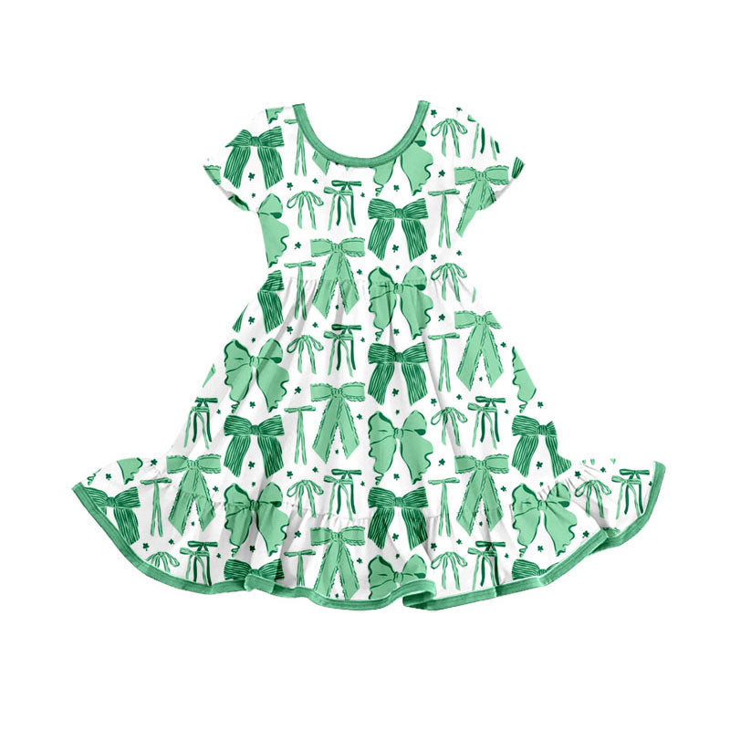Preorder(moq 8)Baby Girls Green Bows Stars Ruffle Knee Length Dresses