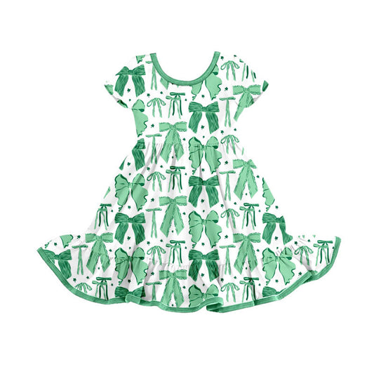 Preorder(moq 8)Baby Girls Green Bows Stars Ruffle Knee Length Dresses