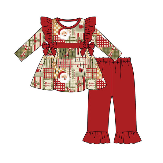 Preorder (moq 5)Baby Girls Santa Candy Cane Tunic Ruffle Pants Christmas Clothes Sets