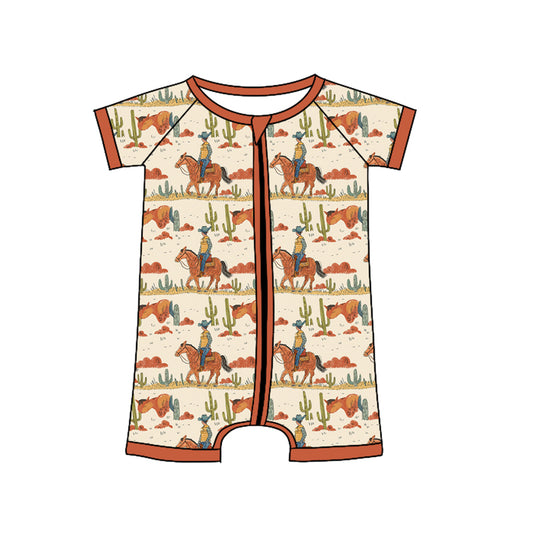 Preorder(moq 5)Baby Infant Boys Brown Short Sleeves House Rodeo Cactus Zipper Rompers