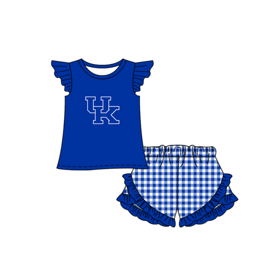Preorder (moq 5)Baby Girls Blue UK Top Checked Ruffle Short Team Clothes Set