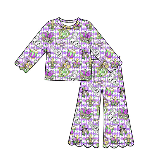 Preorder (moq 5) Girl clothes Mardi Gras Purple Vintage Floral Long Sleeve Round Neck Flare Pants 2‑Piece Outfit Set