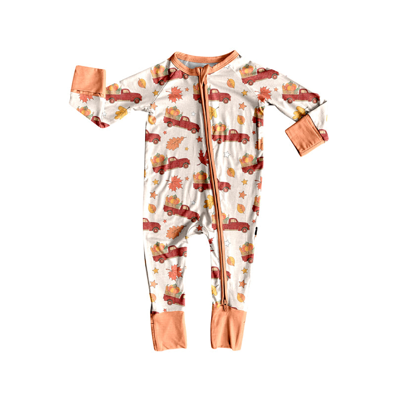 Preorder (moq 5)Baby Girls Long Sleeves Red Trucks Pumpkins Leaves Zipper Rompers