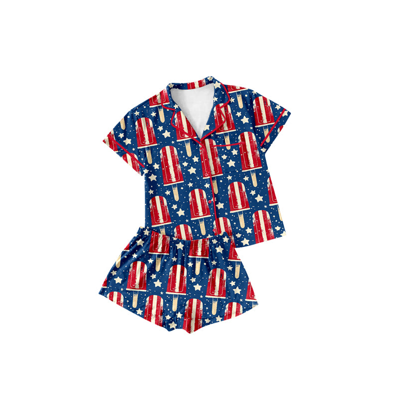 Preorder (moq 5)Baby Girls Hot Blue Short Sleeves Stars Popsicle Button Pocket Top Short 4th Of July Pajamas Set