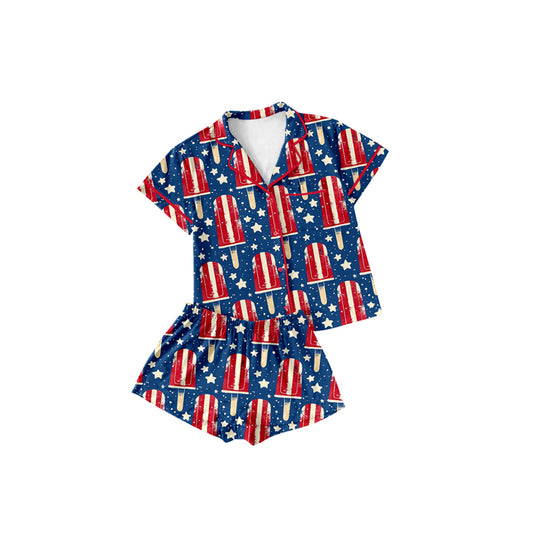 Preorder (moq 5)Baby Girls Hot Blue Short Sleeves Stars Popsicle Button Pocket Top Short 4th Of July Pajamas Set