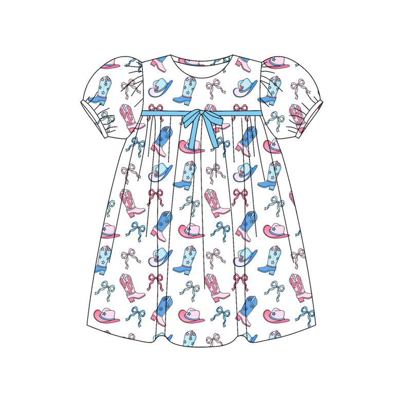 Preorder (moq 5)Baby Girls Short Ruffle Sleeves Blue Pink Boots Hats Knee Length Dresses