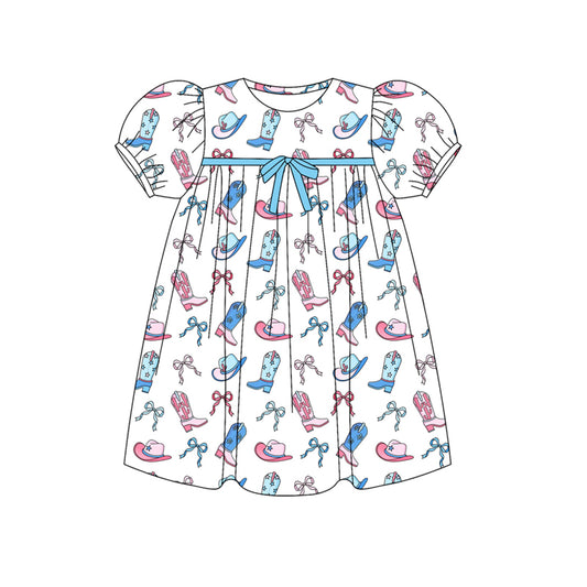 Preorder (moq 5)Baby Girls Short Ruffle Sleeves Blue Pink Boots Hats Knee Length Dresses