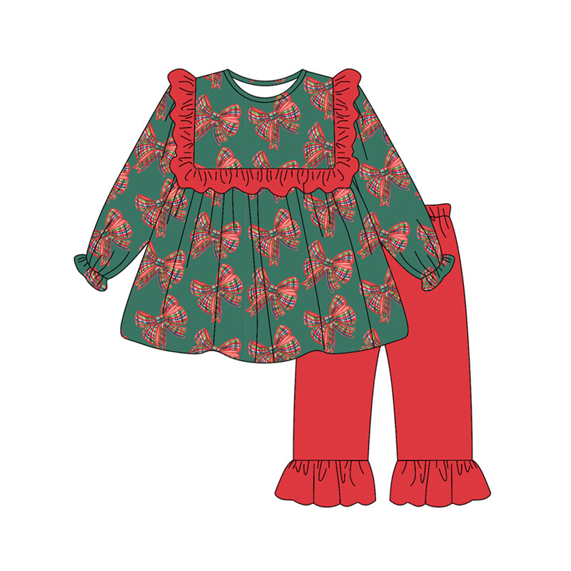 Preorder (moq 5)Baby Girls Long Sleeves Plaid Bows Tunic Red Ruffle Pant Set