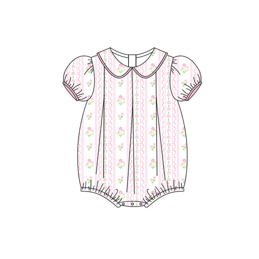 Preorder(moq 5)Baby Infant Girls Pink Short Ruffle Sleeves Floral Stripe Ruffle Rompers