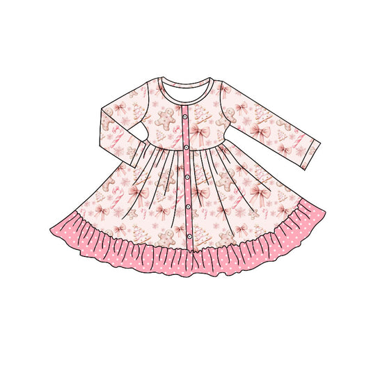 Preorder (moq 5)Baby Girls Bows Gingerbread Button Christmas Ruffle Knee Length Dresses