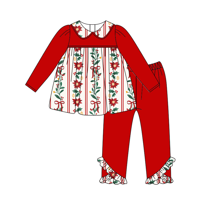 Preorder (moq 5)Baby Girls Red Long Sleeves Flower Bows Stripe Tunic Ruffle Legging Pant Sets