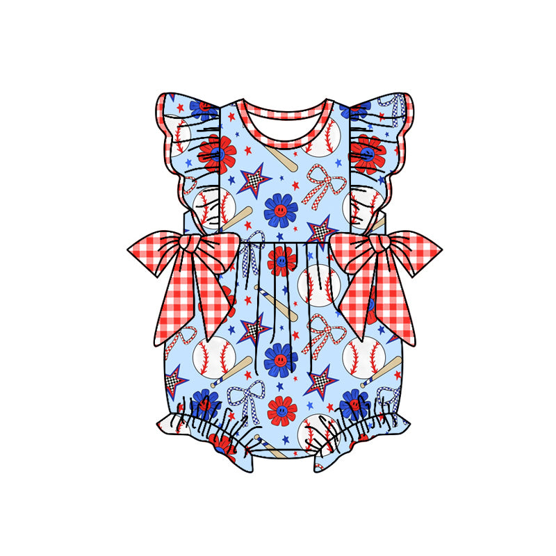 Preorder moq 5 Baby Girls Blue Flutter Sleeves Baseballs Flowers 4th Of July Ruffle Rompers