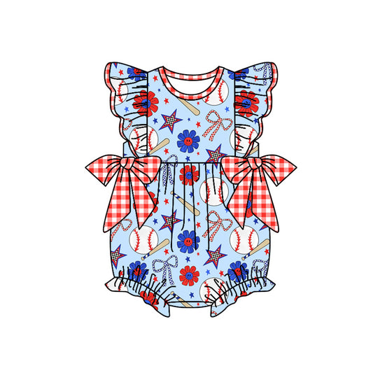 Preorder moq 5 Baby Girls Blue Flutter Sleeves Baseballs Flowers 4th Of July Ruffle Rompers