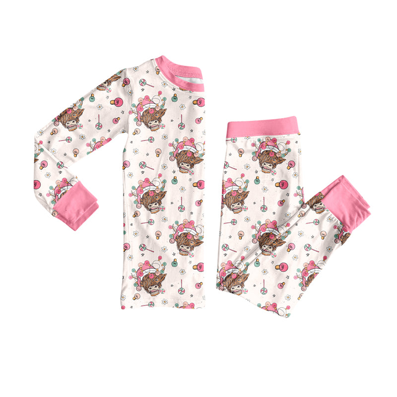 Preorder (moq 5)Baby Girls Long Sleeves Lights Highland Cows Top Pant Pajamas Set
