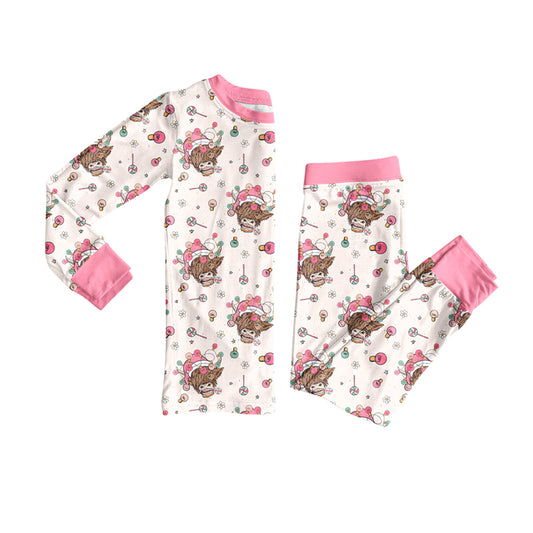 Preorder (moq 5)Baby Girls Long Sleeves Lights Highland Cows Top Pant Pajamas Set