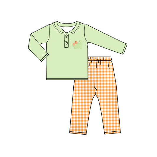 Preorder (moq 5)Baby Boys Dinosaur Pumpkins Top Checked Pant Fall Clothes Sets