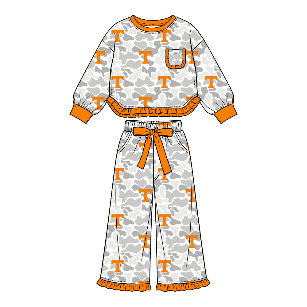Preorder (moq 5) Baby Girl Clothes Light Camo Bold Block Letter Print Long Sleeve Ruffle Trim Top Wide Leg Pant Outfit Set