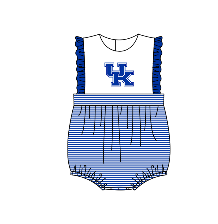 Preorder (moq 5)Baby Girls Sleeveless Blue UK Team Ruffle Rompers
