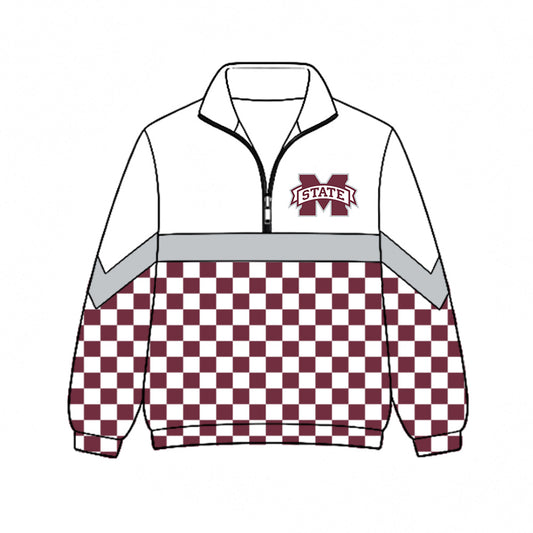 Preorder (moq 5)Baby Boys Maroon Checked M State Team Zip Pullovers Top