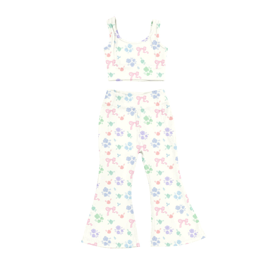 Preorder (moq 5)Baby Girls Sleeveless Pink Bows Flowers Vest Top Bell Bottom Pant Set