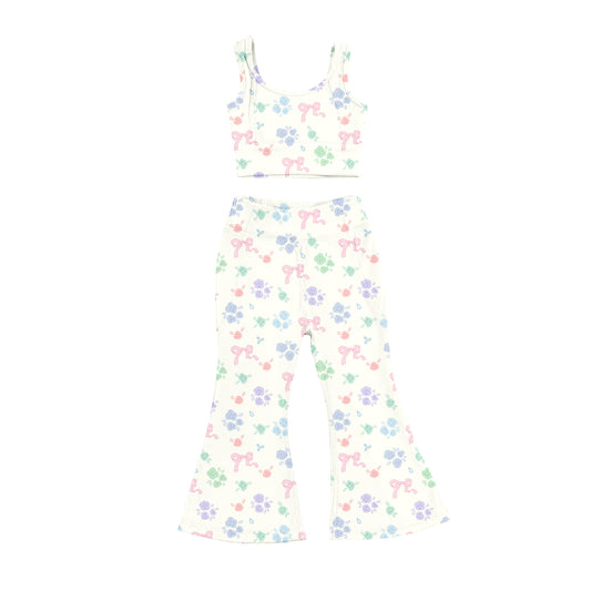 Preorder (moq 5)Baby Girls Sleeveless Pink Bows Flowers Vest Top Bell Bottom Pant Set
