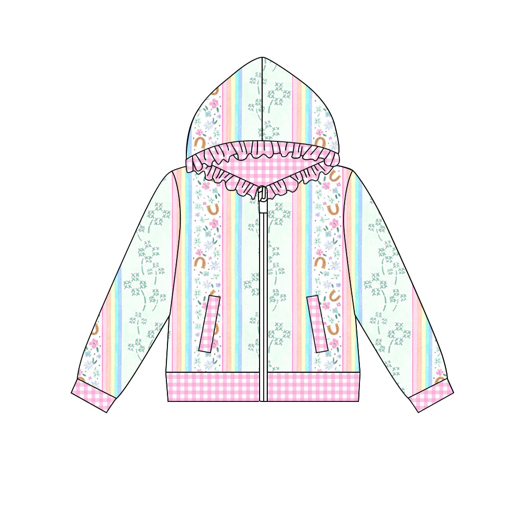 Preorder (moq 5) Baby Girl Clothes Rainbow Floral Horseshoe Mixed Print Long Sleeve Ruffle Zip Hooded Jacket