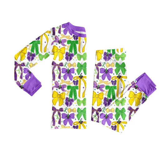 Preorder (moq 5)Baby Girls Purple Yellow Green Bows Stars Pants Mardigras Pajamas Sets