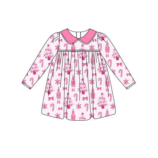 Preorder (moq 5)Baby Girls Pink Long Sleeves Candy Cane Soldiers Knee Length Dresses