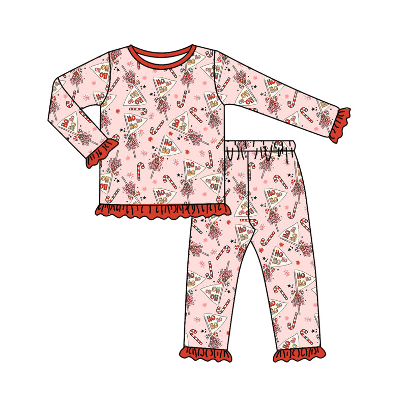 Preorder (moq 5)Baby Girls Long Sleeves Candy Cane Snowflake Top Ruffle Pant Pajamas Clothes Set