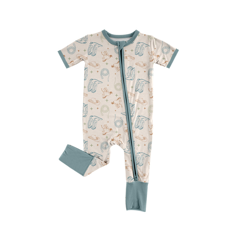 Preorder (moq 5)Baby Boys Light Blue Short Sleeves Horse Boots Zipper Rompers