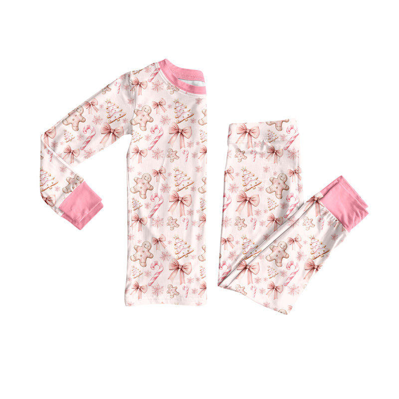 Preorder (moq 5)Baby Girls Bows Gingerbread Top Pants Christmas Pajamas Set