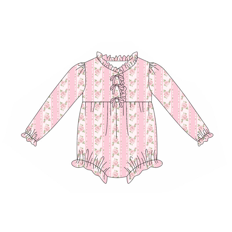 Preorder(moq 5)Baby Infant Girls Pink Flowers Stripe Button Ruffle Rompers