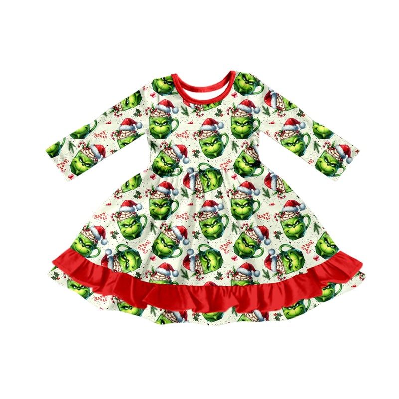Preorder (moq 5)Baby Girls Christmas Green Face Candy Cane Ruffle Knee Length Dresses