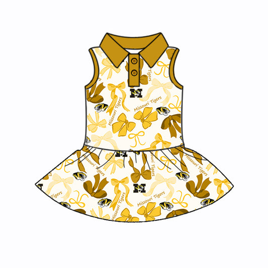 Preorder (moq 5)Baby Girls Yellow Sleeveless Bows Plaid M Tiger Button Team Knee Length Dresses