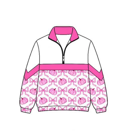 Preorder (moq 5)Baby Girls Pumpkins Bows Checked Fall Zip Pullovers Top